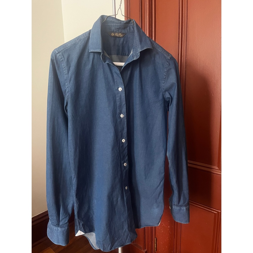 Loro Piana Womens Indigo Blue Cotton Denim Spread Collar Button Down Shirt Italy